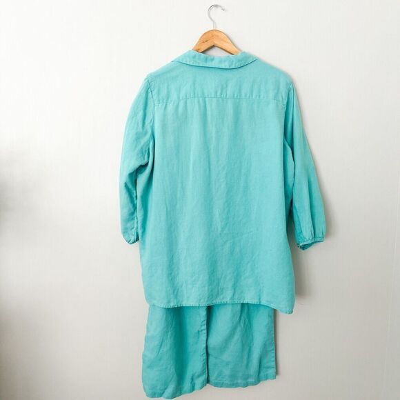 Hot Cotton Linen Outfit Set Blouse Crop Pants Blue Lagenlook Size XL Artsy - Picture 5 of 14